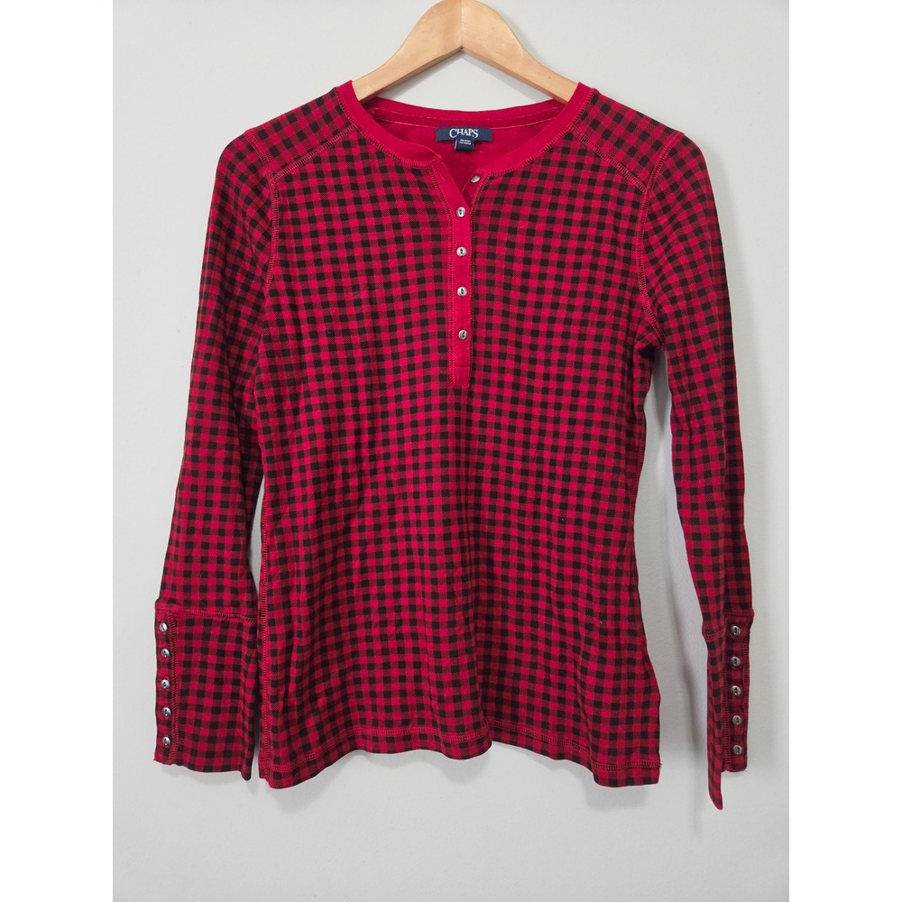 Chaps Womens Red Black Buffalo Plaid Henley Long Sleeve Cotton Top Size M